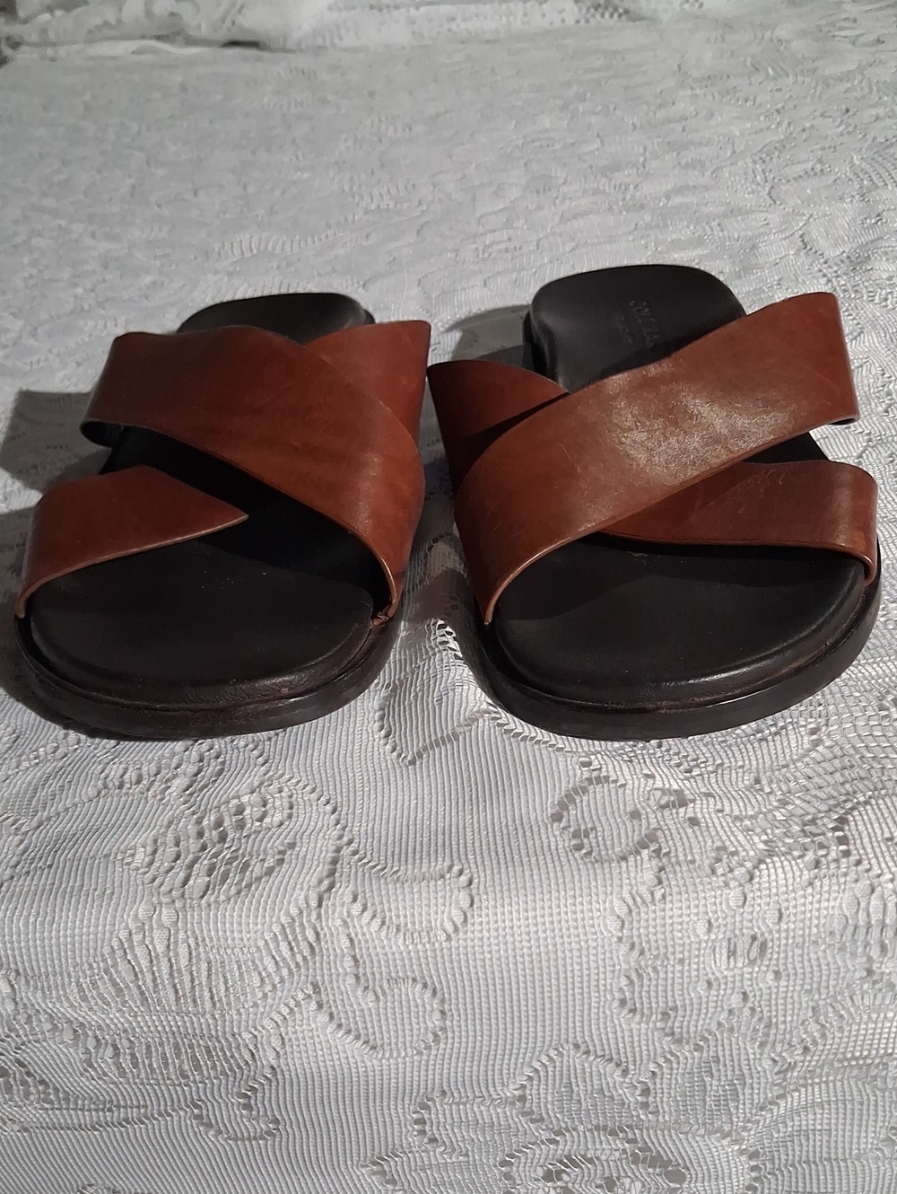 Cole Haan Brown Leather Crisscross Slide Sandals